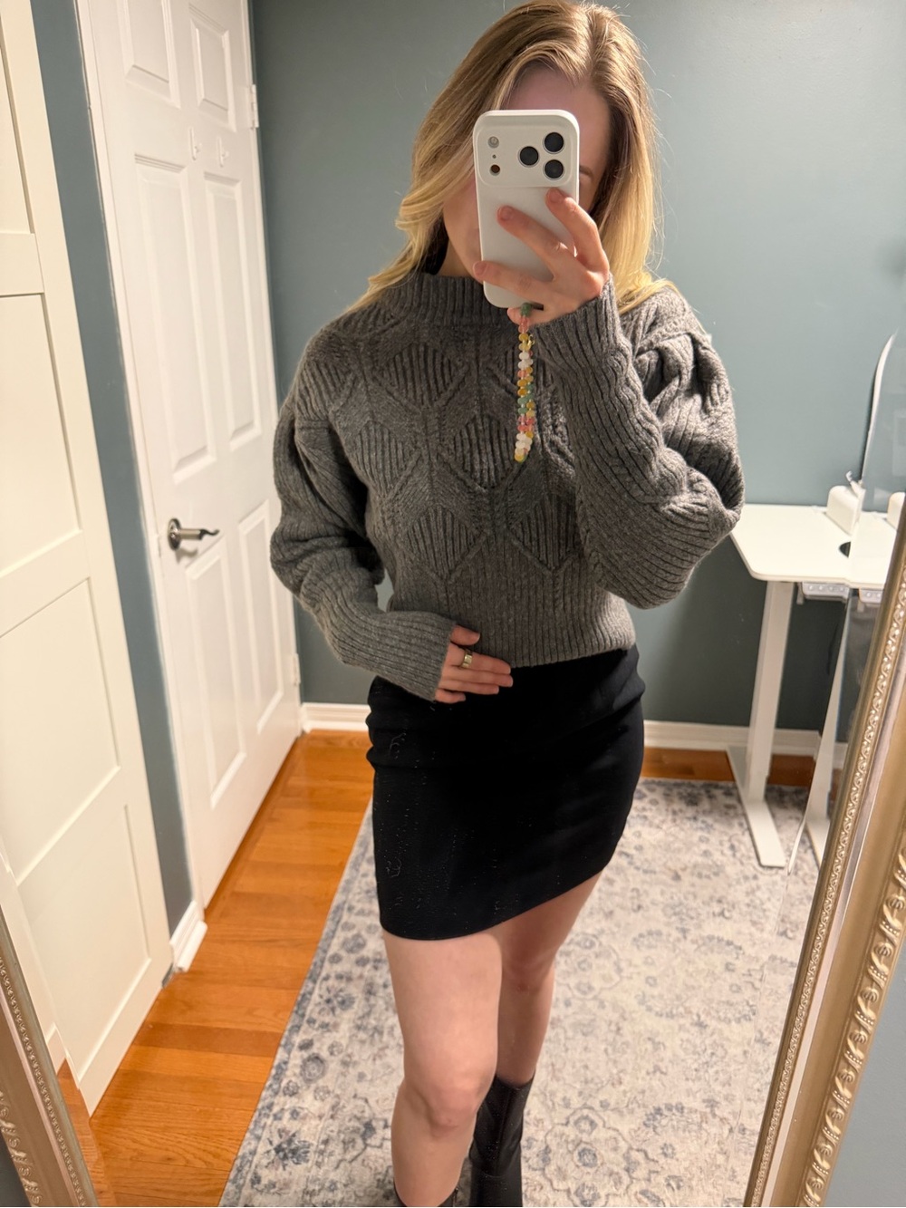 Astr Gray Cable-Knit Cowl Neck Sweater
